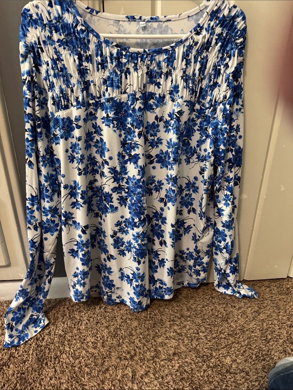White and Blue Floral Long-Sleeve Women’s Top